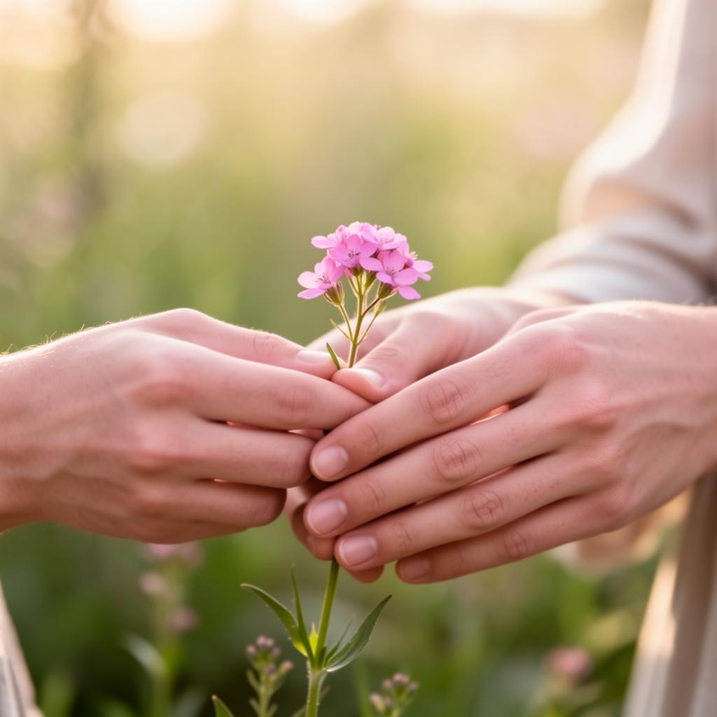 Zwei Hände halten gemeinsam eine kleine pinke Blume, Symbol für einen geschützten Raum